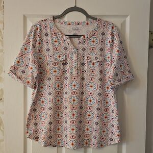 Croft & Barrow White Short-Sleeve Henley with Blue and Orange Medallion Print